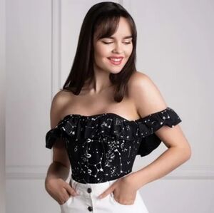 UK 8 (US size 4) Corset Story Cotton Astronomy Print Sleeved Corset Top